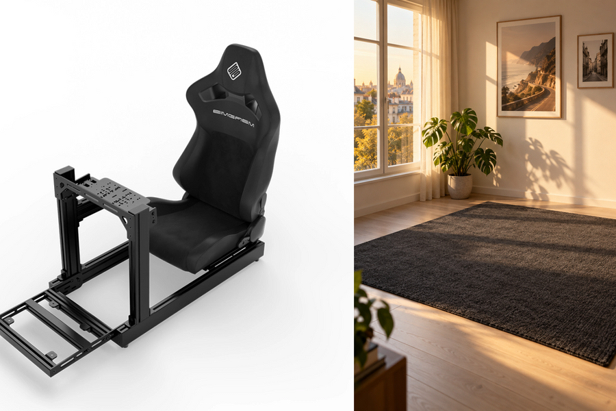 Original SIMGASM Club cockpit image beside an empty home corner illustrating space planning.
