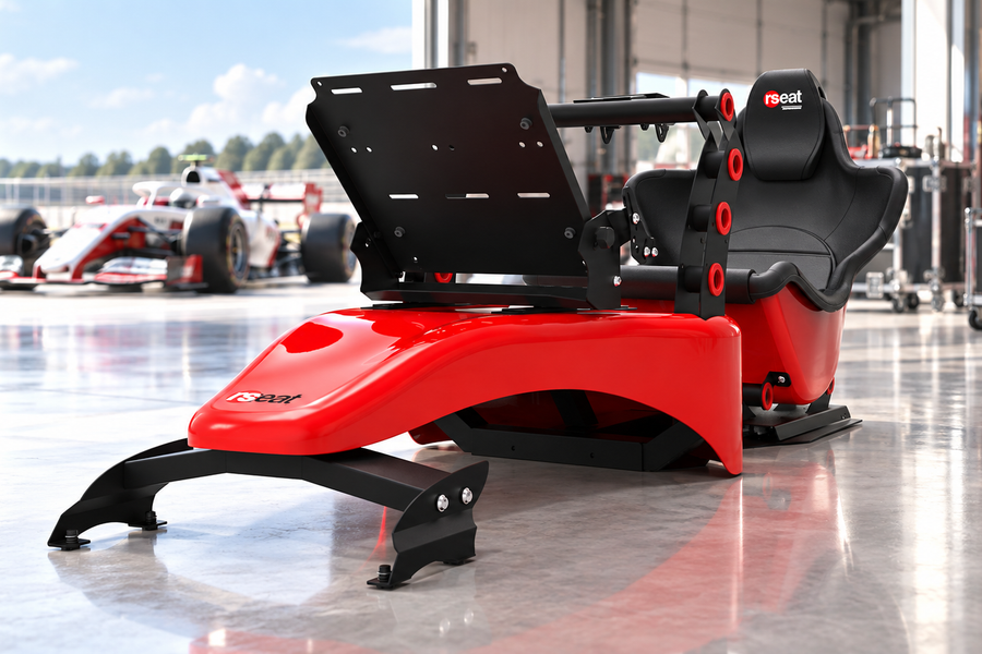 Red RSeat Formula V2 cockpit with its low seating position and raised pedal platform.