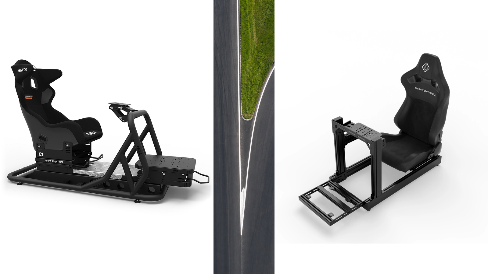 Original RSeat C1 and SIMGASM Club product images separated by an illustrative aerial race circuit.