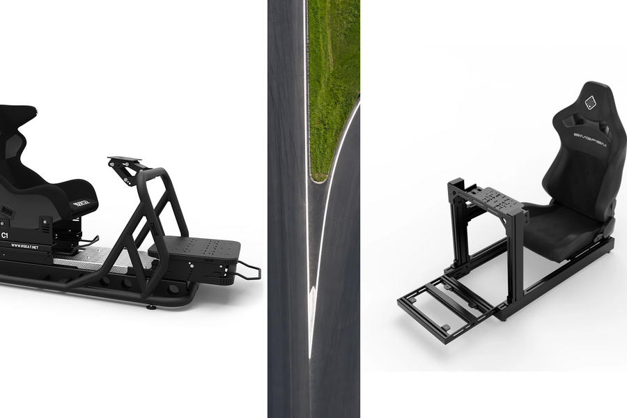 Original RSeat C1 and SIMGASM Club product images separated by an illustrative aerial race circuit.