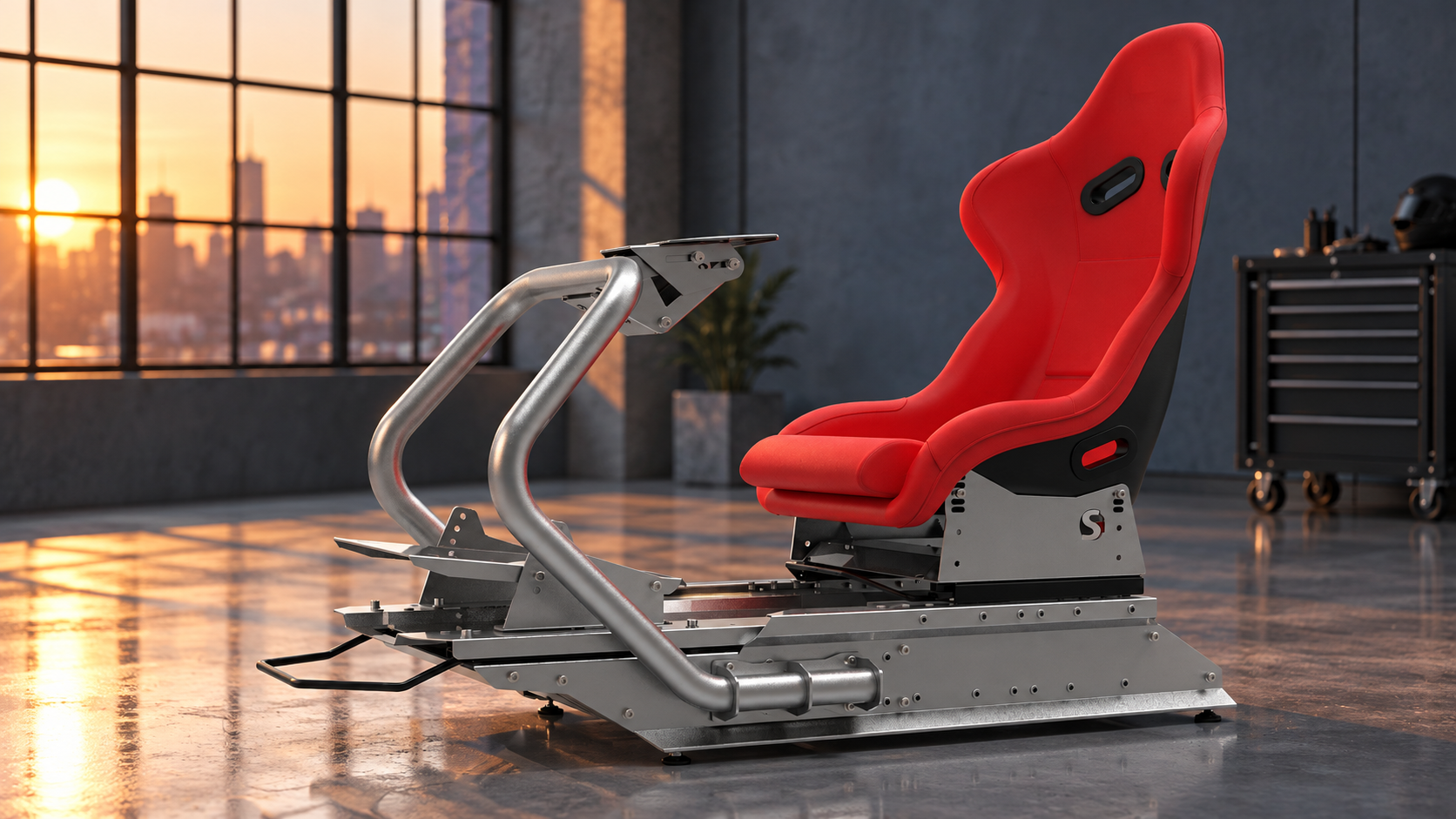 Silver RSeat S1 cockpit with a red bucket seat in an industrial racing studio.