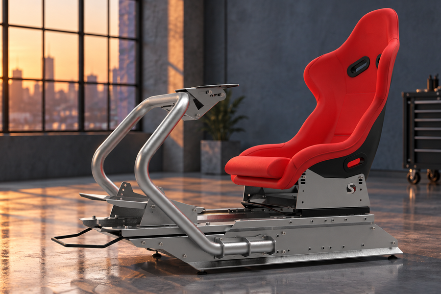 Silver RSeat S1 cockpit with a red bucket seat in an industrial racing studio.