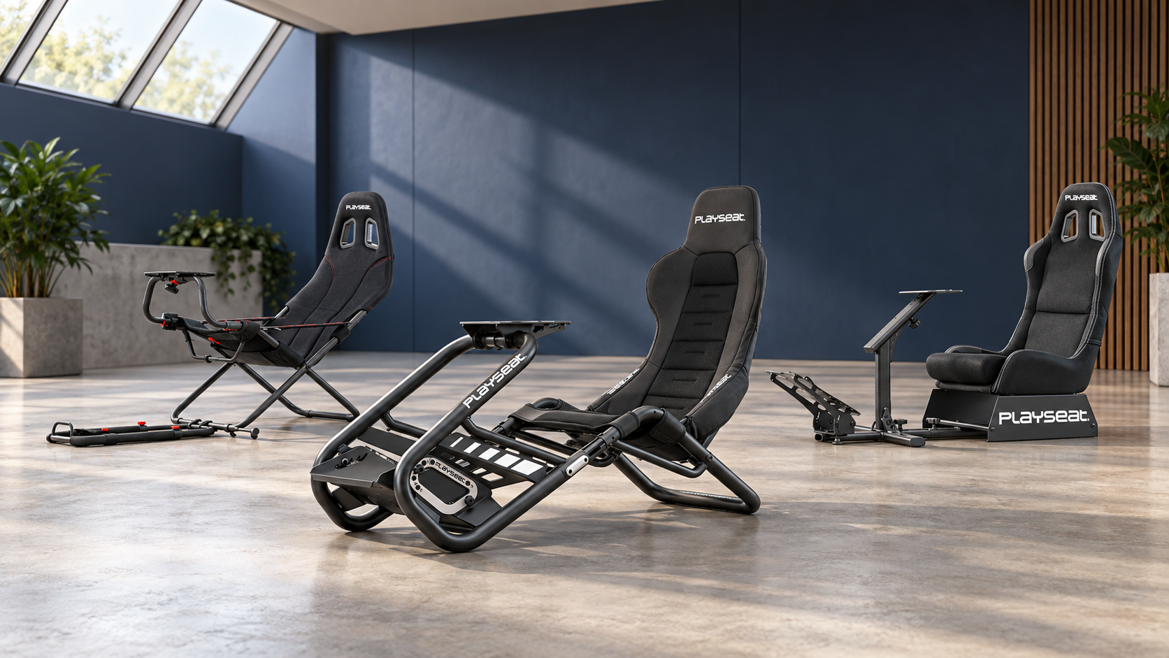 Playseat Trophy, Challenge and Evolution cockpits arranged in a showroom.