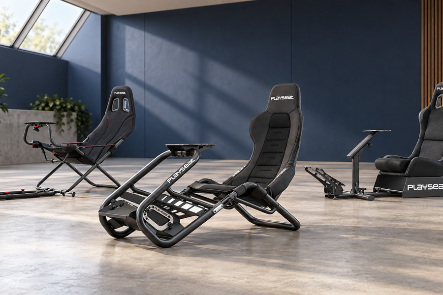 Playseat Trophy, Challenge and Evolution cockpits arranged in a showroom.