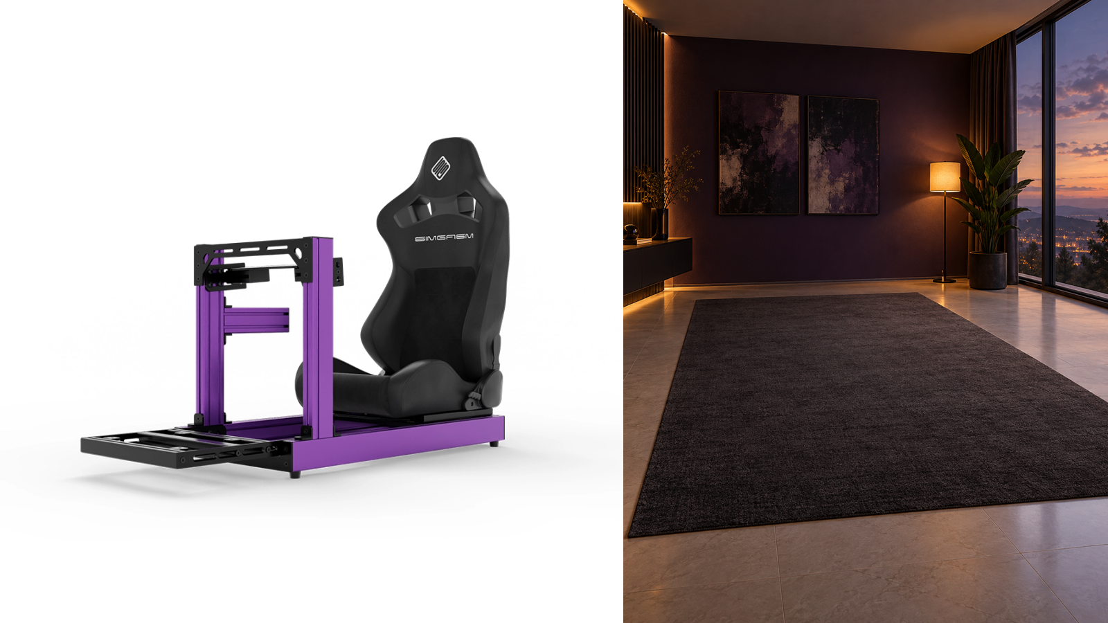 Original pink SIMGASM Club cockpit image beside an empty studio illustrating room and fit planning.
