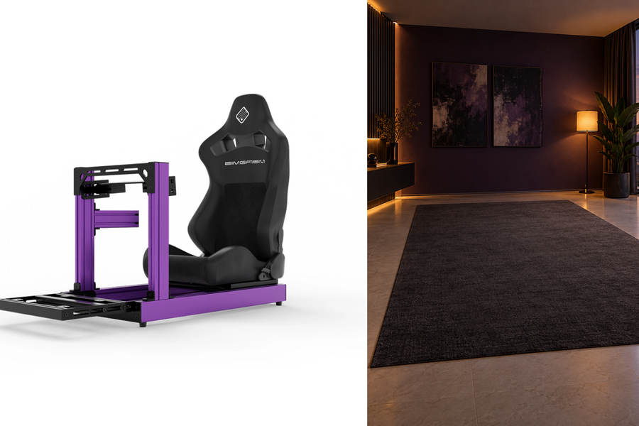 Original pink SIMGASM Club cockpit image beside an empty studio illustrating room and fit planning.