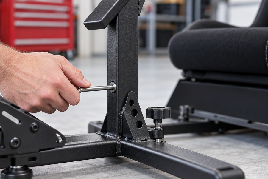 A mounting joint on a Playseat Evolution cockpit being checked with a hex key.