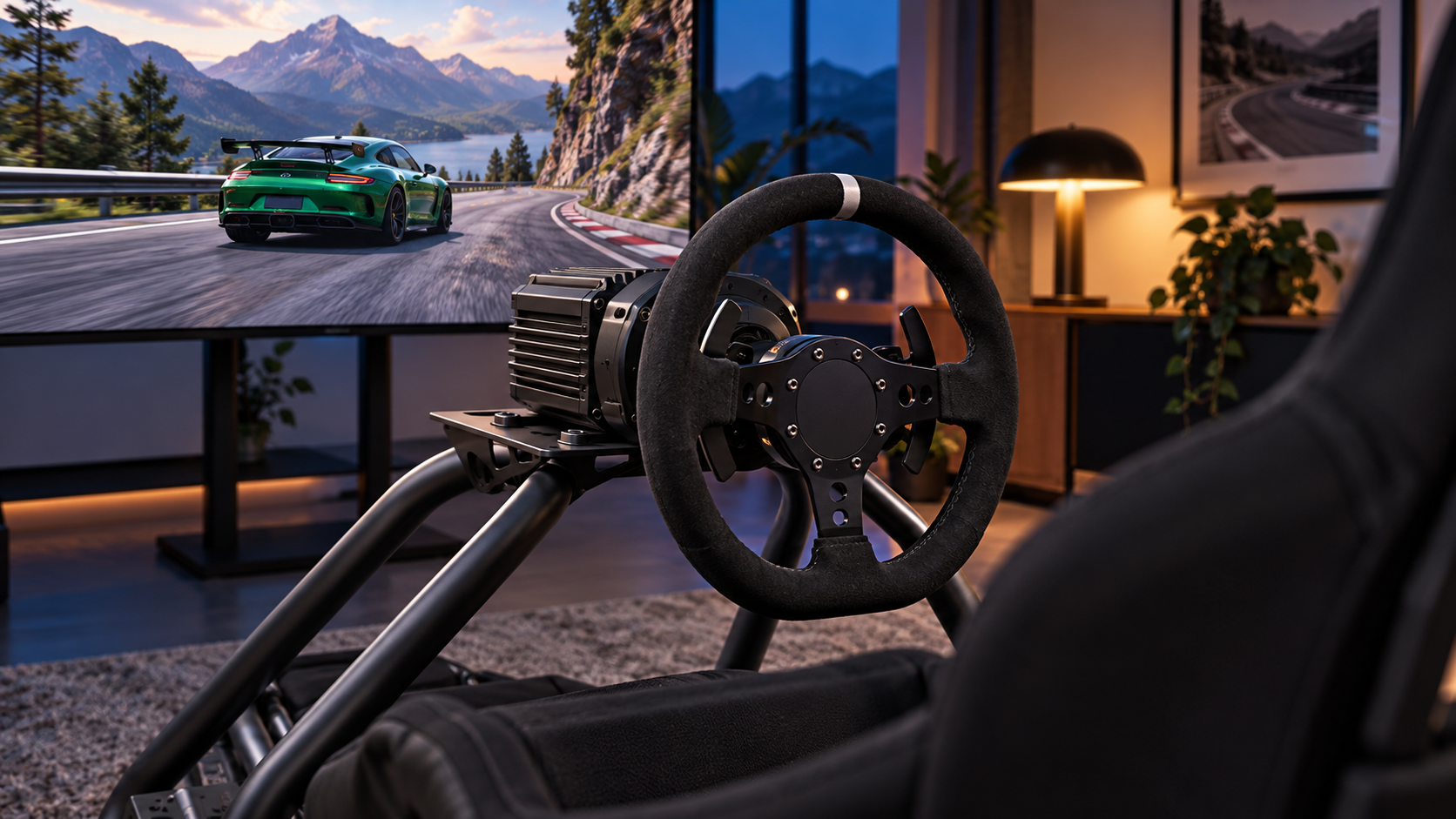 Direct-drive steering wheel mounted on a Playseat Trophy with a mountain racing scene on the display.