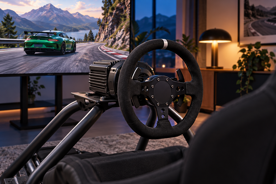 Direct-drive steering wheel mounted on a Playseat Trophy with a mountain racing scene on the display.