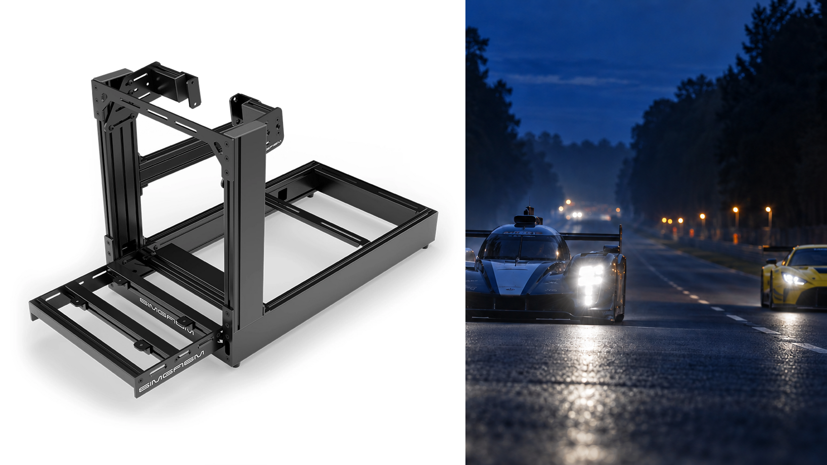 Original SIMGASM Sport chassis beside endurance cars racing at night.