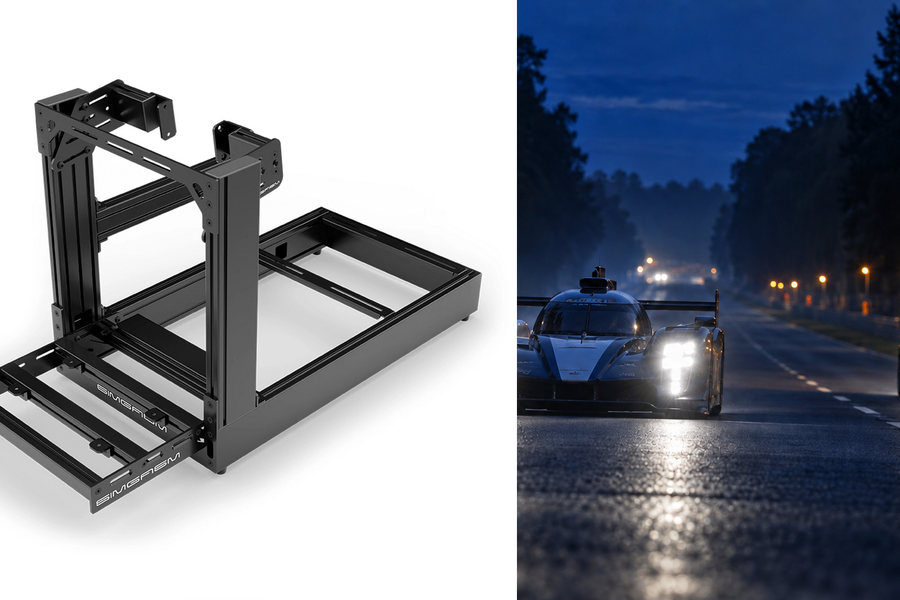 Original SIMGASM Sport chassis beside endurance cars racing at night.
