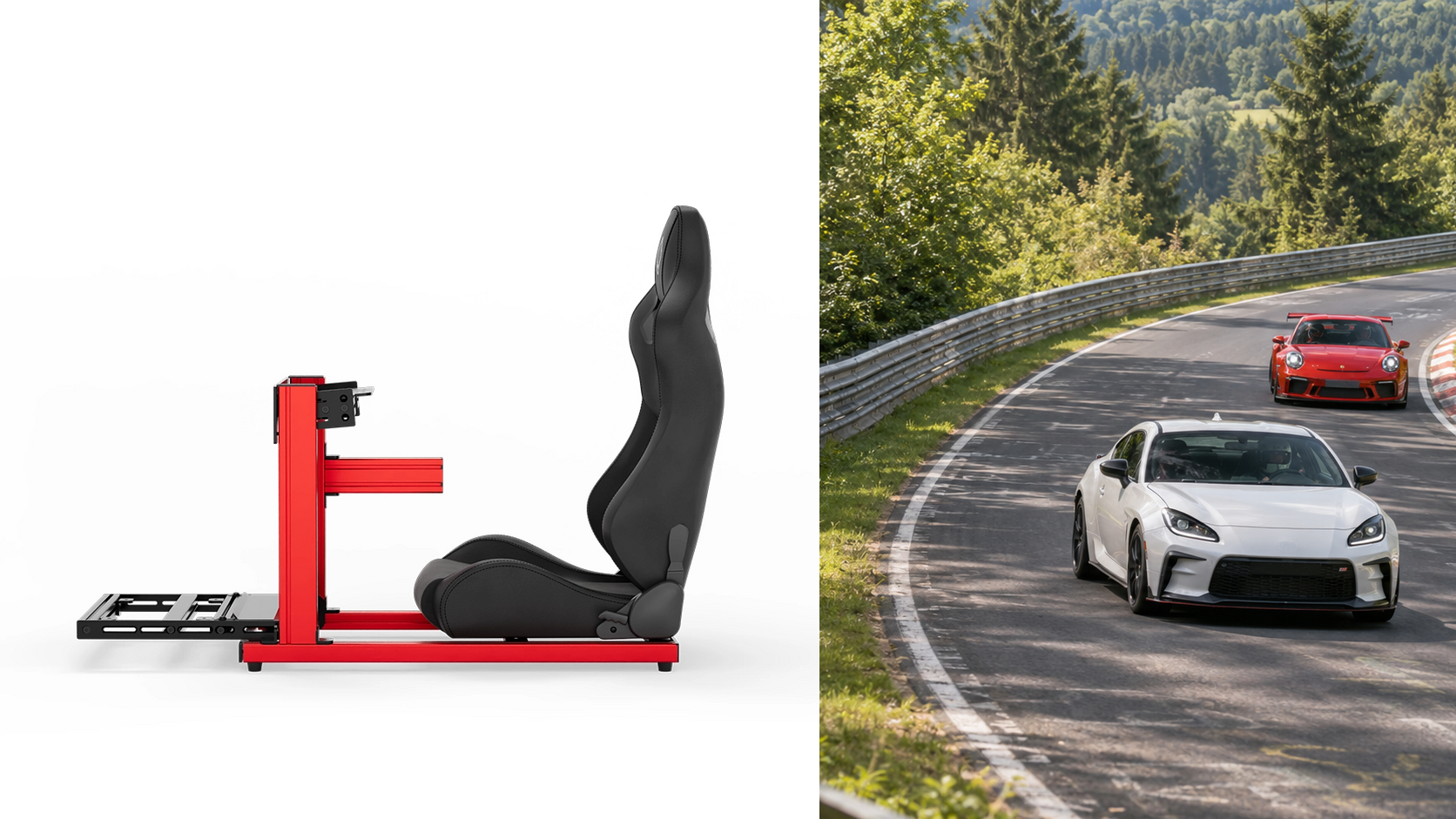 Original red SIMGASM Hobby cockpit and its feet beside a forest-circuit racing scene.