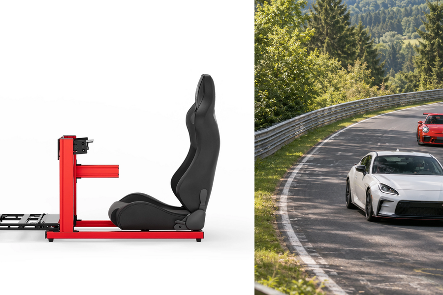 Original red SIMGASM Hobby cockpit and its feet beside a forest-circuit racing scene.