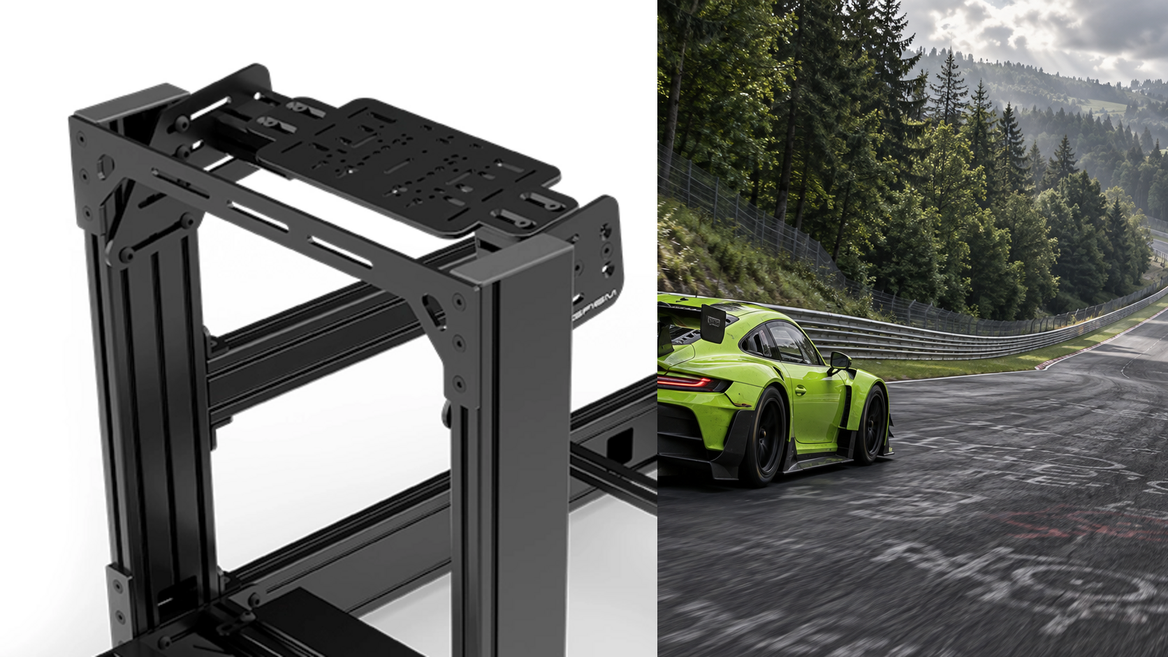 Original SIMGASM mounting bracket detail beside a green GT car on the Nordschleife.