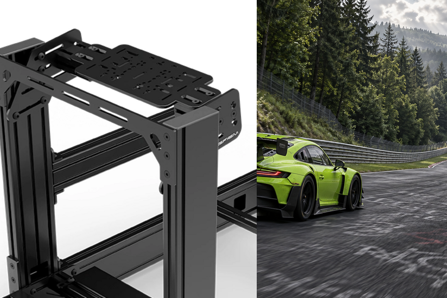 Original SIMGASM mounting bracket detail beside a green GT car on the Nordschleife.