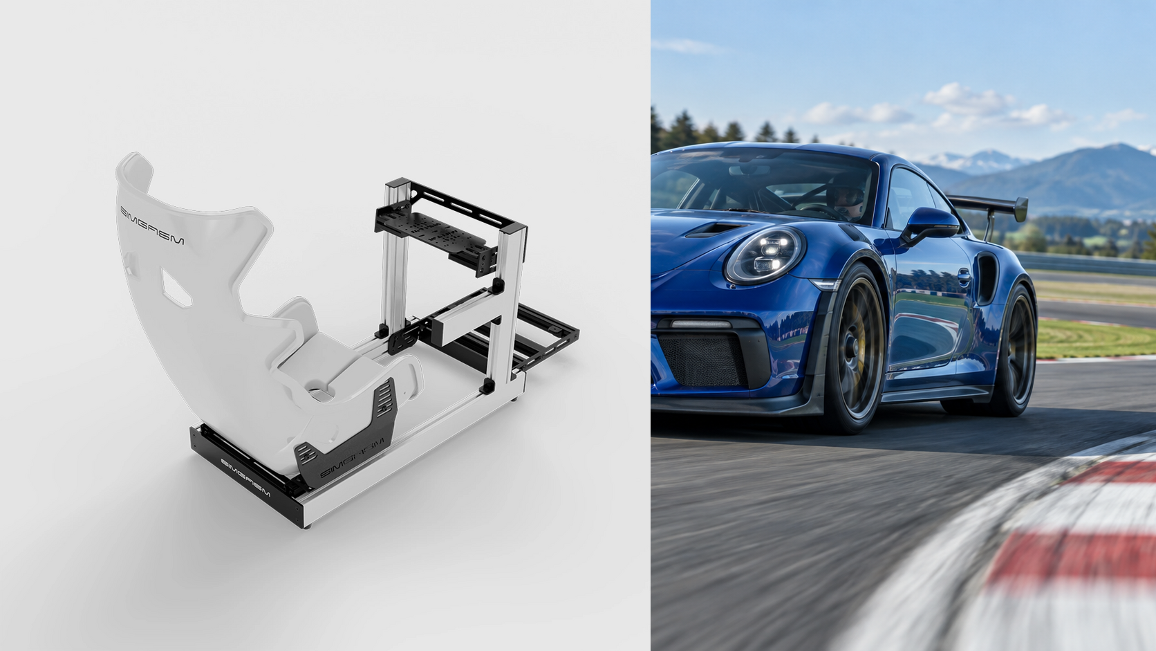 Original white SIMGASM cockpit beside an illustrative blue sports car on a circuit.
