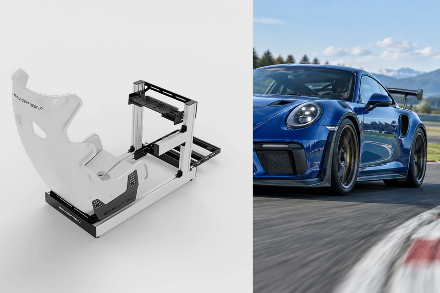 Original white SIMGASM cockpit beside an illustrative blue sports car on a circuit.