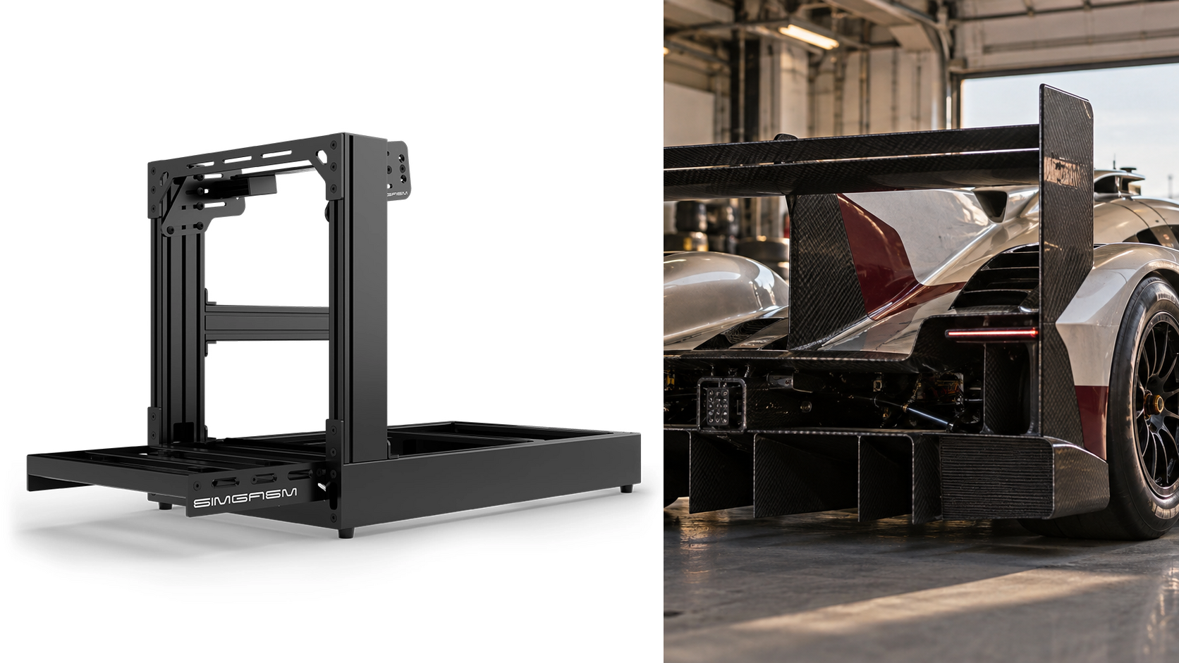 Original complete SIMGASM Sport chassis beside an endurance-racing pit garage scene.