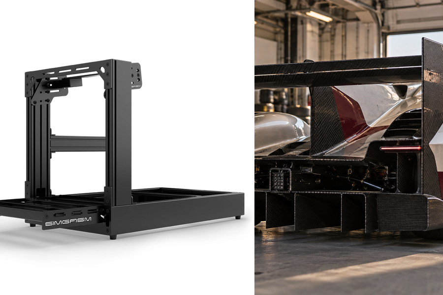 Original complete SIMGASM Sport chassis beside an endurance-racing pit garage scene.