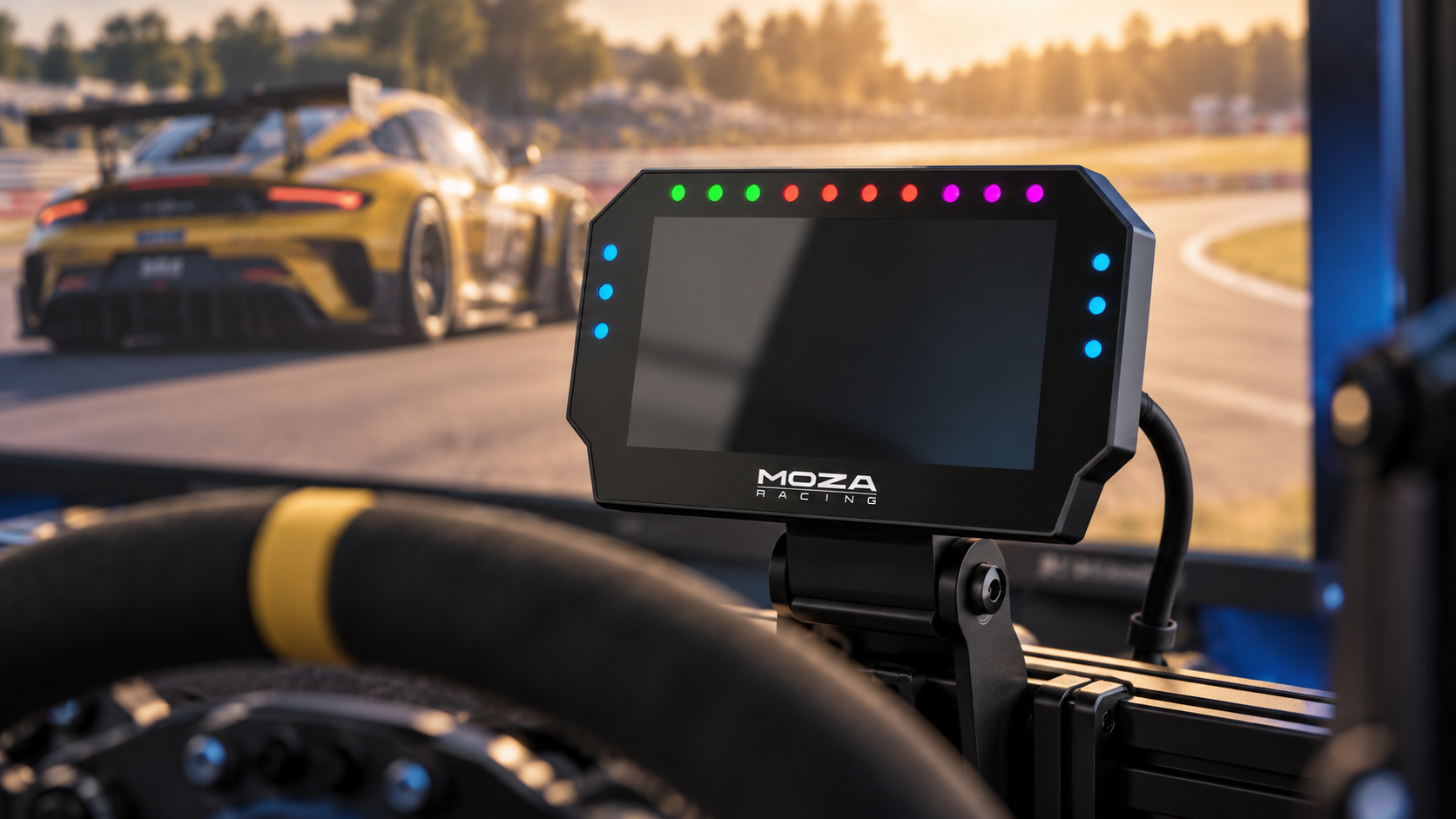 MOZA CM2 racing dash with neatly routed wiring in a simulator cockpit