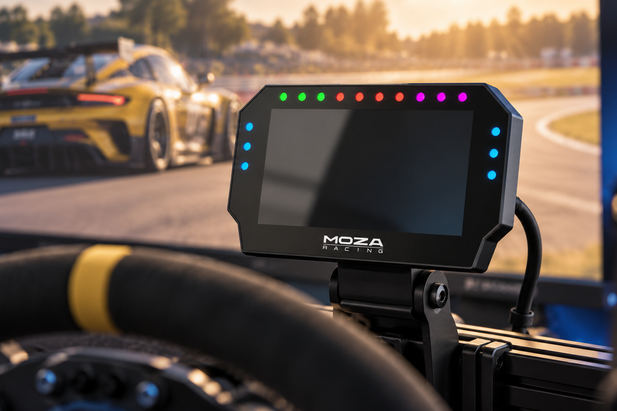 MOZA CM2 racing dash with neatly routed wiring in a simulator cockpit