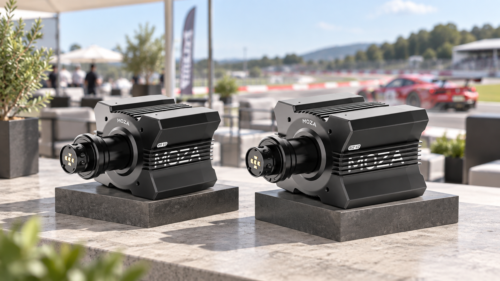 MOZA R9 V3 and R12 V2 wheelbases displayed beside a race circuit