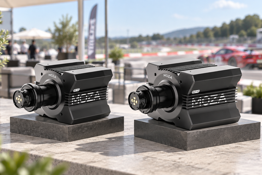 MOZA R9 V3 and R12 V2 wheelbases displayed beside a race circuit
