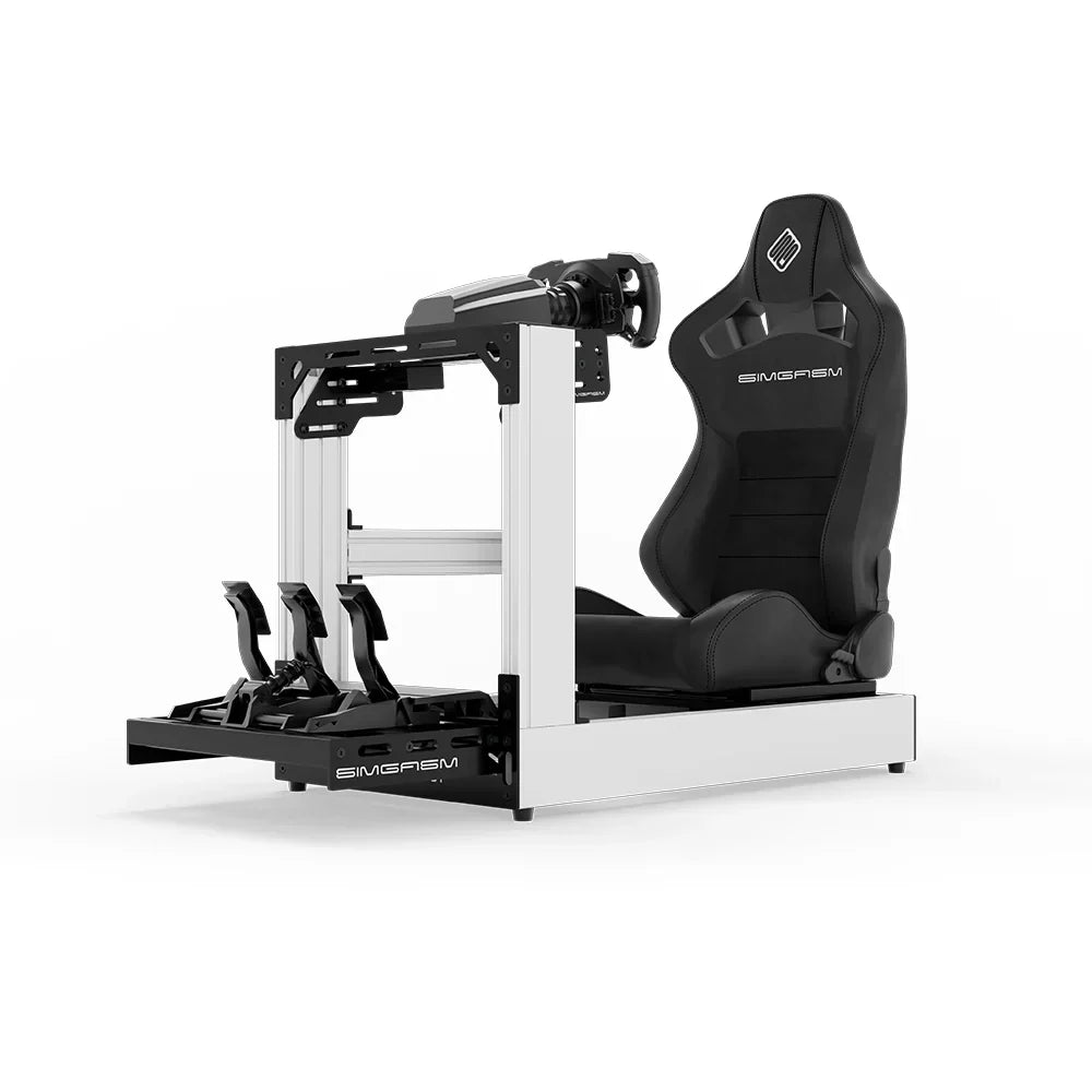 White SIMGASM Sport cockpit shown with a Core Recline seat and MOZA hardware.