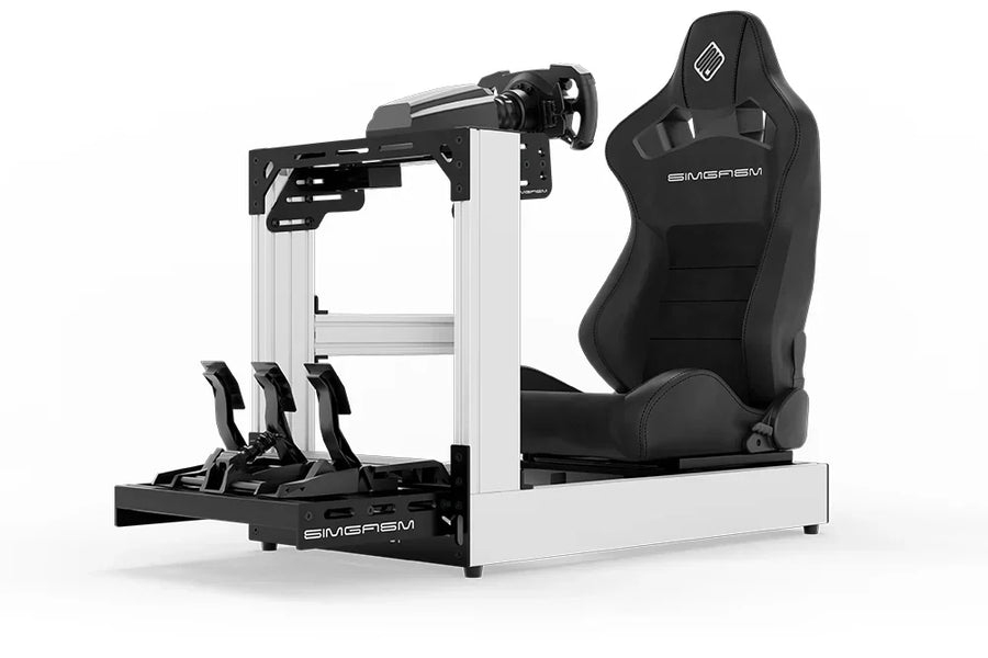 White SIMGASM Sport cockpit shown with a Core Recline seat and MOZA hardware.