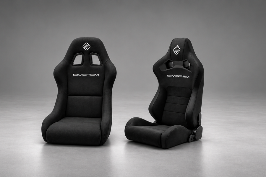 Black SIMGASM Core Bucket and Core Recline seats side by side, showing their different backrest shapes and upholstery.