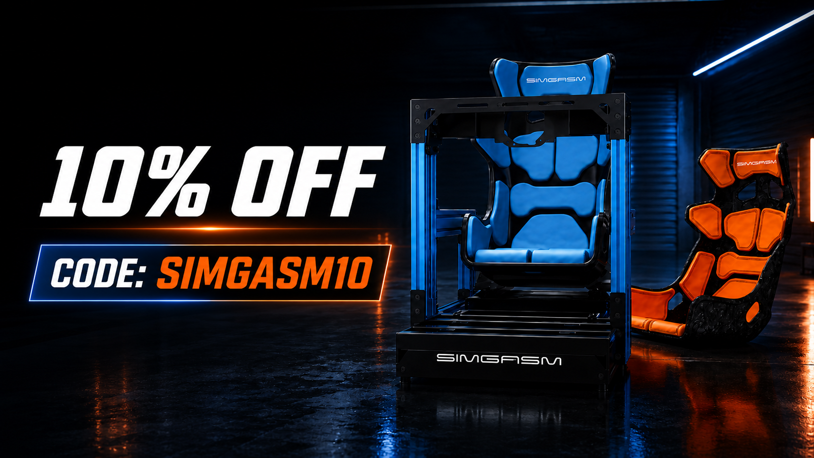 SIMGASM discount code SIMGASM10 offering 10% off a first eligible order beside a SIMGASM sim racing cockpit