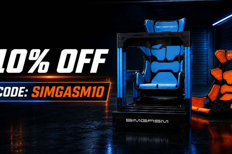 SIMGASM discount code SIMGASM10 offering 10% off a first eligible order beside a SIMGASM sim racing cockpit