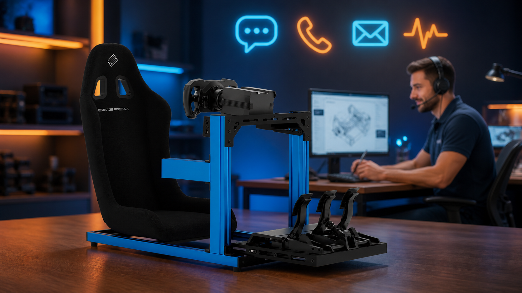 Blue SIMGASM C40 cockpit with a knowledgeable sim racing customer service specialist