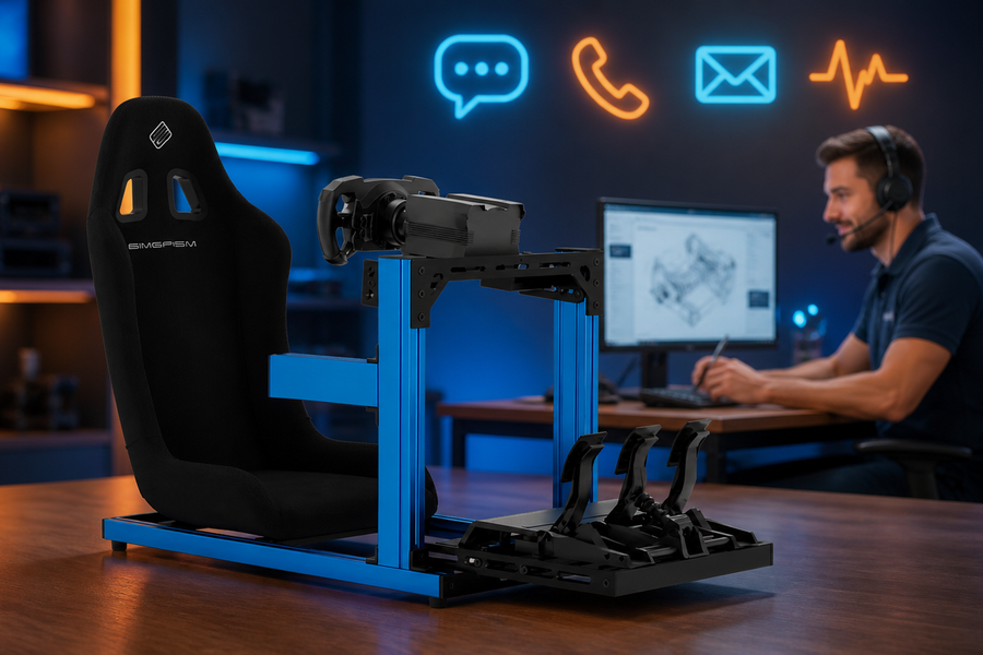 Blue SIMGASM C40 cockpit with a knowledgeable sim racing customer service specialist