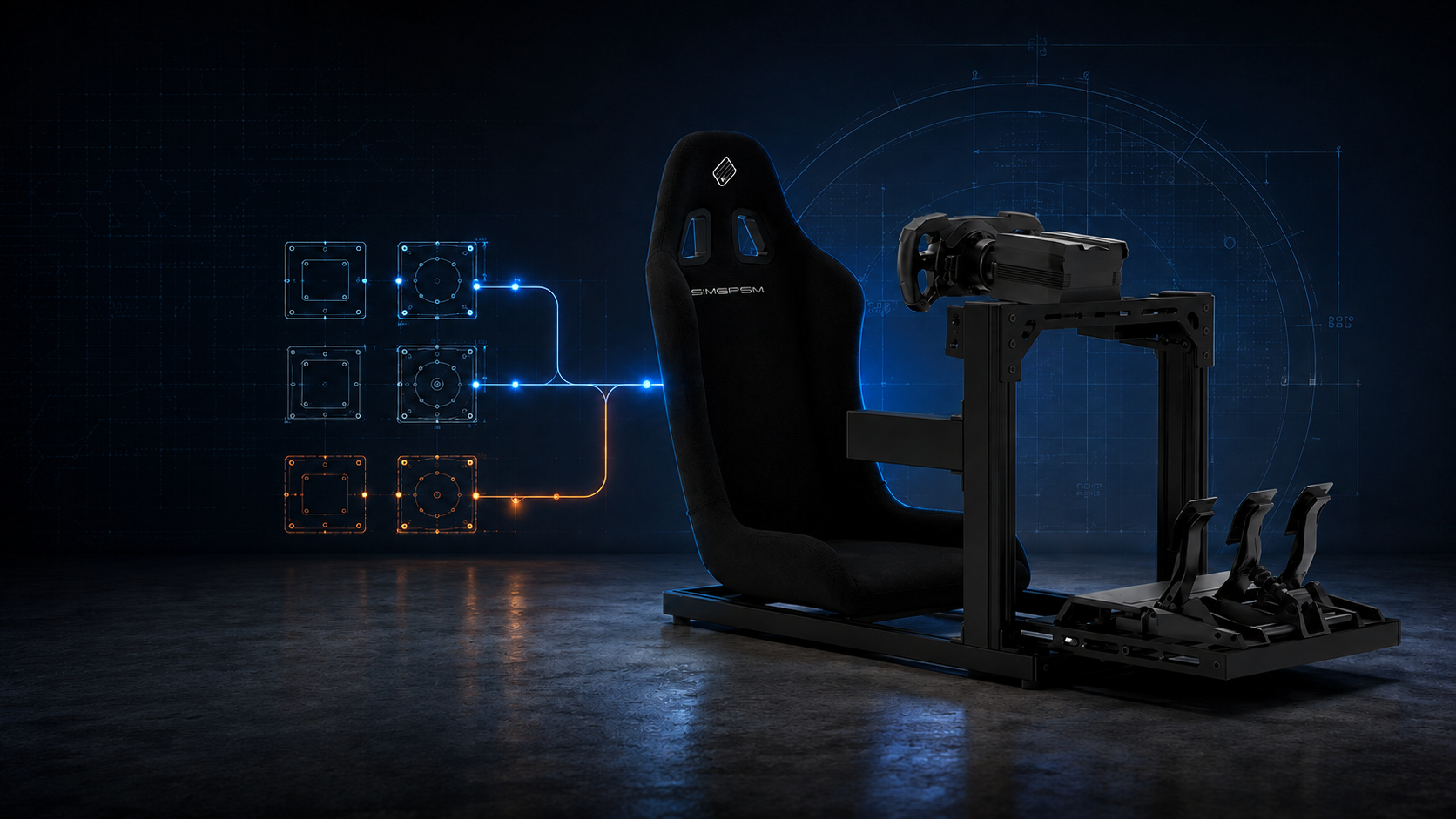 SIMGASM C40 cockpit with engineering graphics illustrating compatibility with current and future sim racing hardware