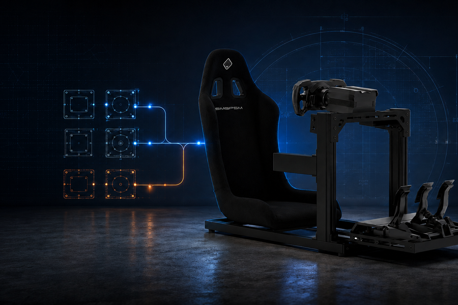 SIMGASM C40 cockpit with engineering graphics illustrating compatibility with current and future sim racing hardware