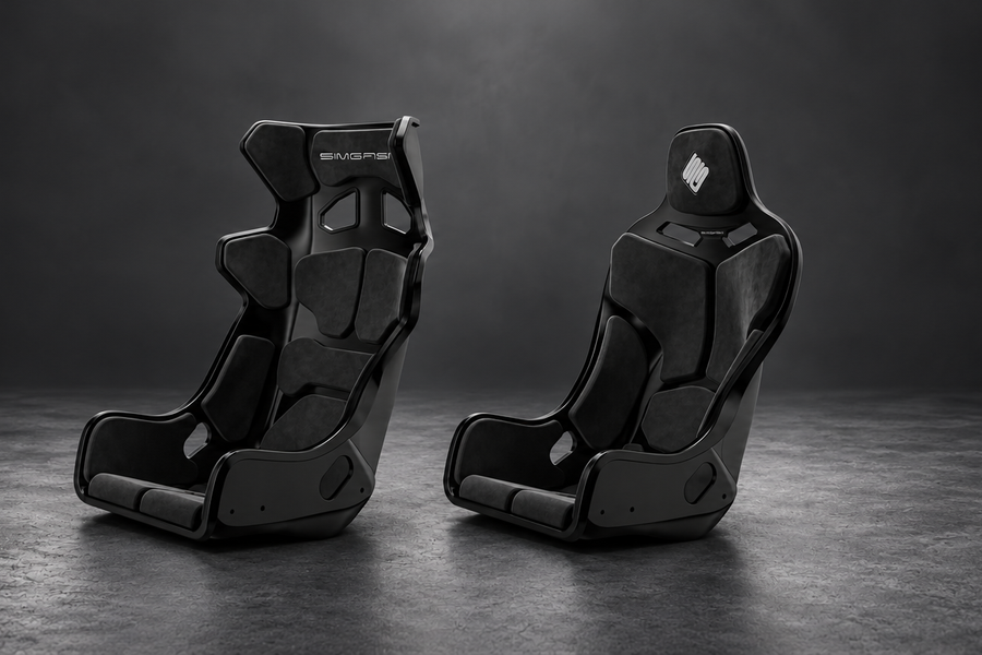 SIMGASM Atlas GT and Atlas Formula seats side by side, showing their different upper shell shapes and seating profiles