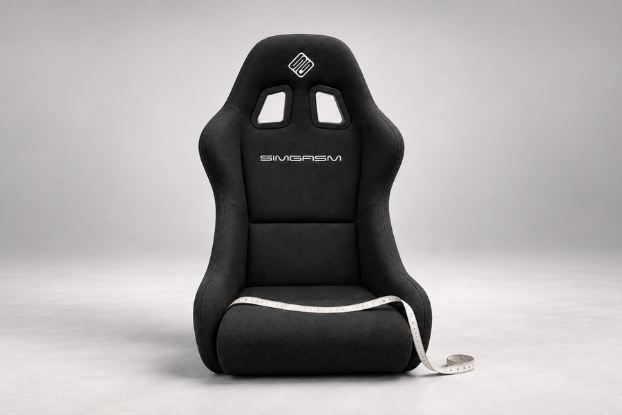 Black SIMGASM Core Bucket seat with a measuring tape across the cushion to illustrate seat sizing