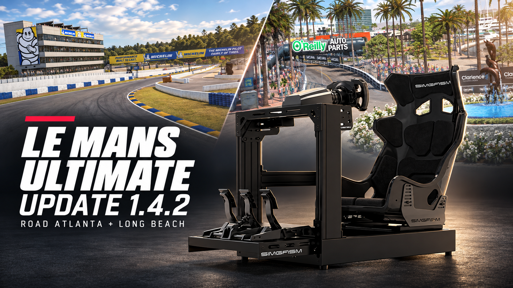 Editorial montage of the SIMGASM Sport cockpit with Atlas GT seat, Road Atlanta and Long Beach for Le Mans Ultimate update 1.4.2