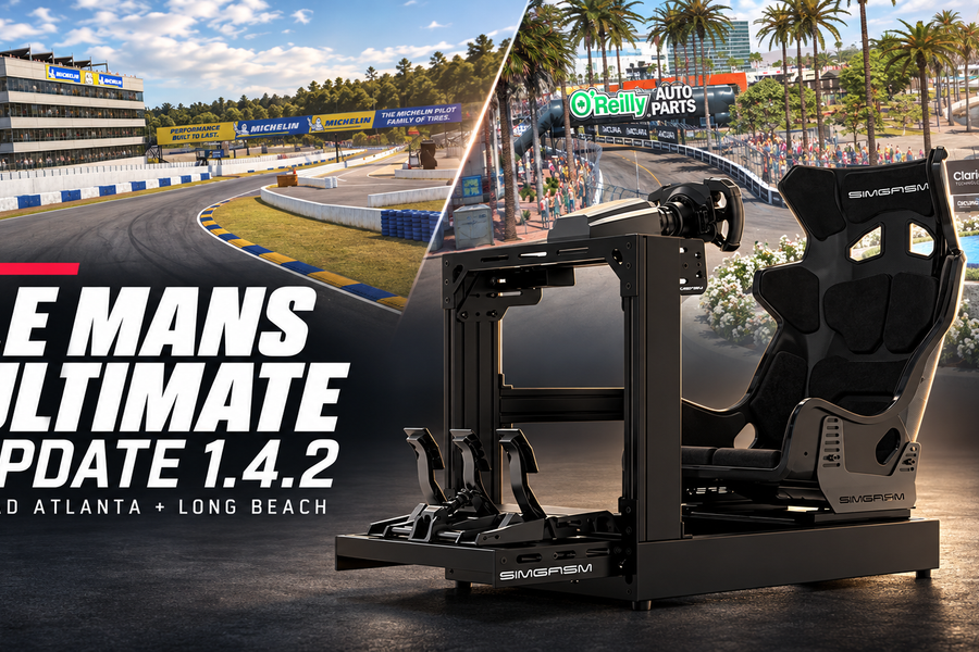Editorial montage of the SIMGASM Sport cockpit with Atlas GT seat, Road Atlanta and Long Beach for Le Mans Ultimate update 1.4.2