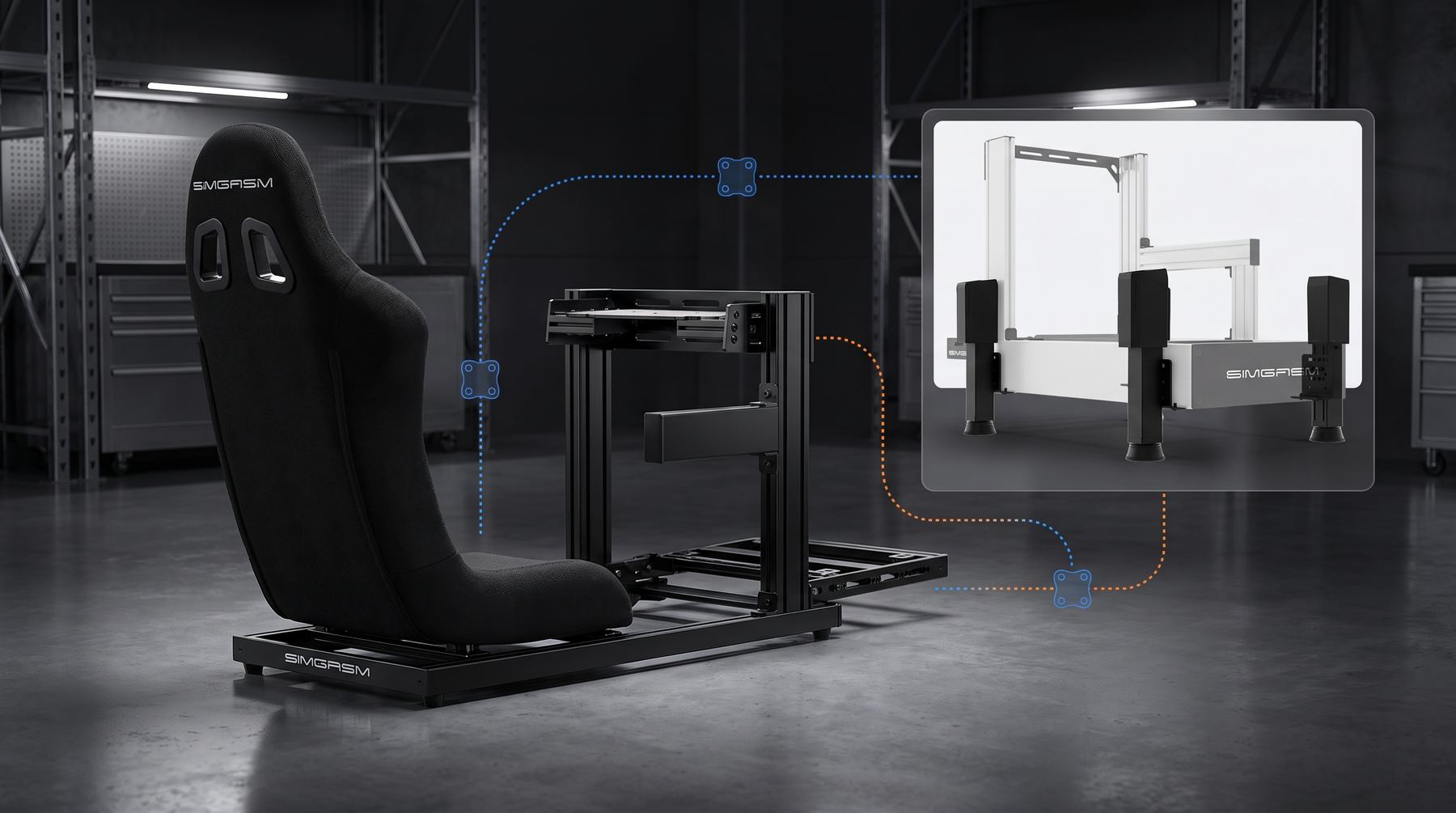 SIMGASM C40 cockpit with a modular motion upgrade and add-on compatibility visualization