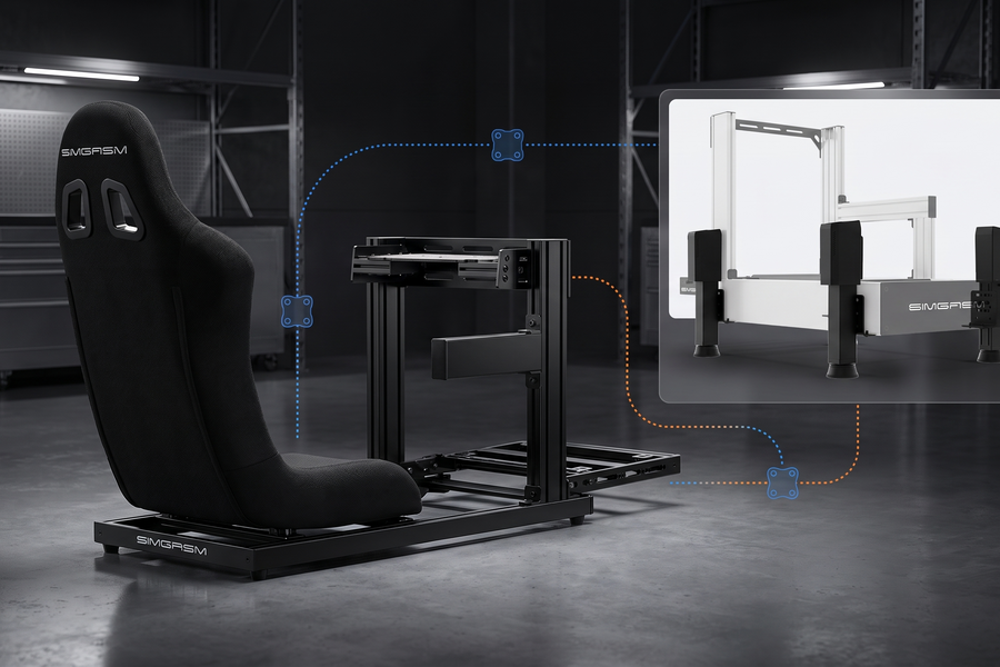 SIMGASM C40 cockpit with a modular motion upgrade and add-on compatibility visualization