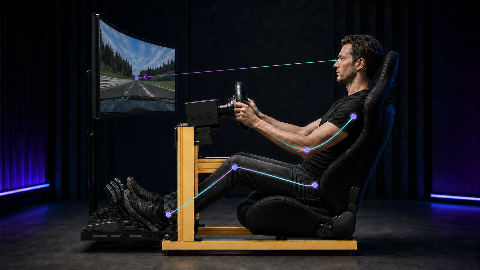Lange simracer in een gouden SIMGASM C40 cockpit met afgestelde pedaalafstand en monitor op ooghoogte