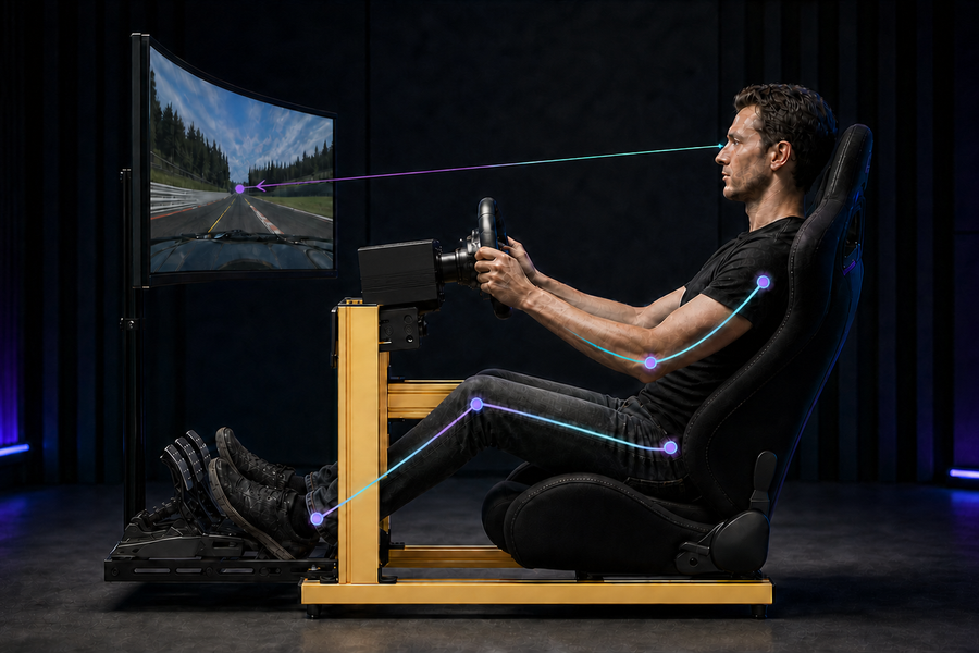 Lange simracer in een gouden SIMGASM C40 cockpit met afgestelde pedaalafstand en monitor op ooghoogte