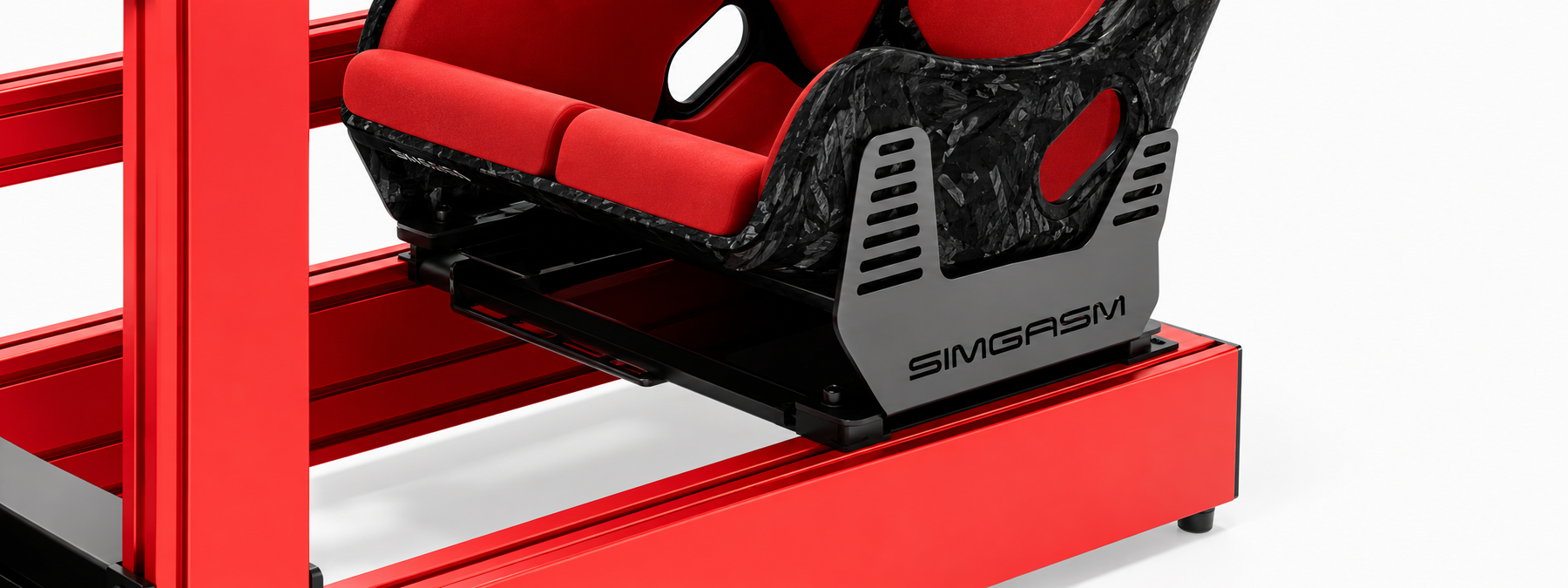 Close-up of a SIMGASM seat bracket and slider mounted on a red aluminium cockpit, with a forged-carbon-look seat shell and red cushions