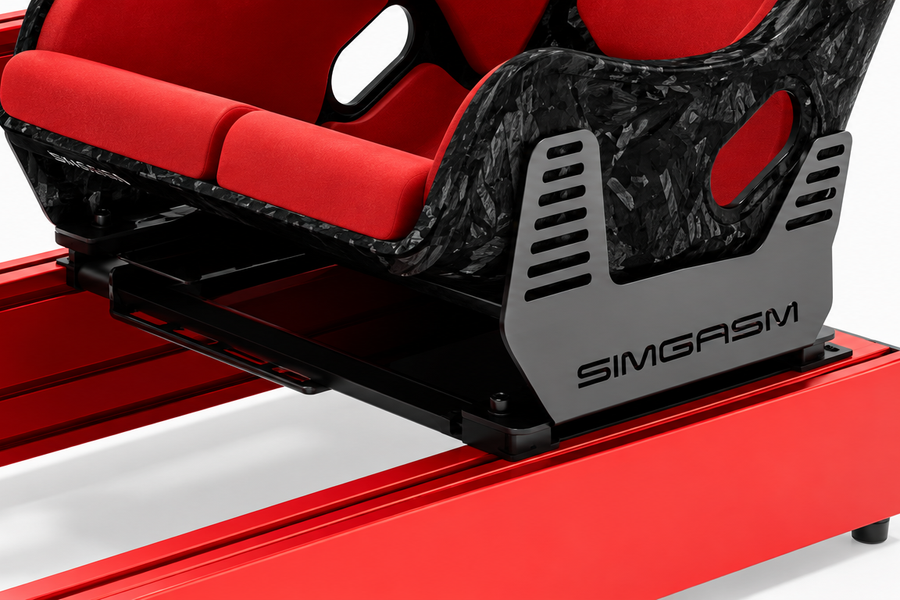 Close-up of a SIMGASM seat bracket and slider mounted on a red aluminium cockpit, with a forged-carbon-look seat shell and red cushions