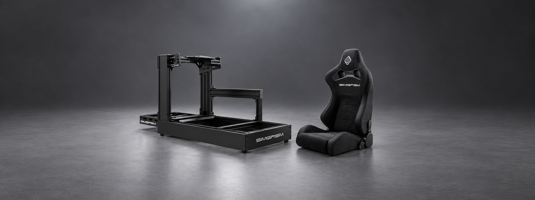 SIMGASM Core Recline seat beside a black Sport cockpit with the rear seat mounting area visible.
