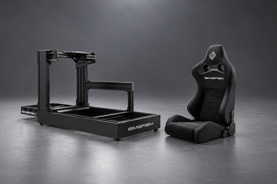 SIMGASM Core Recline seat beside a black Sport cockpit with the rear seat mounting area visible.