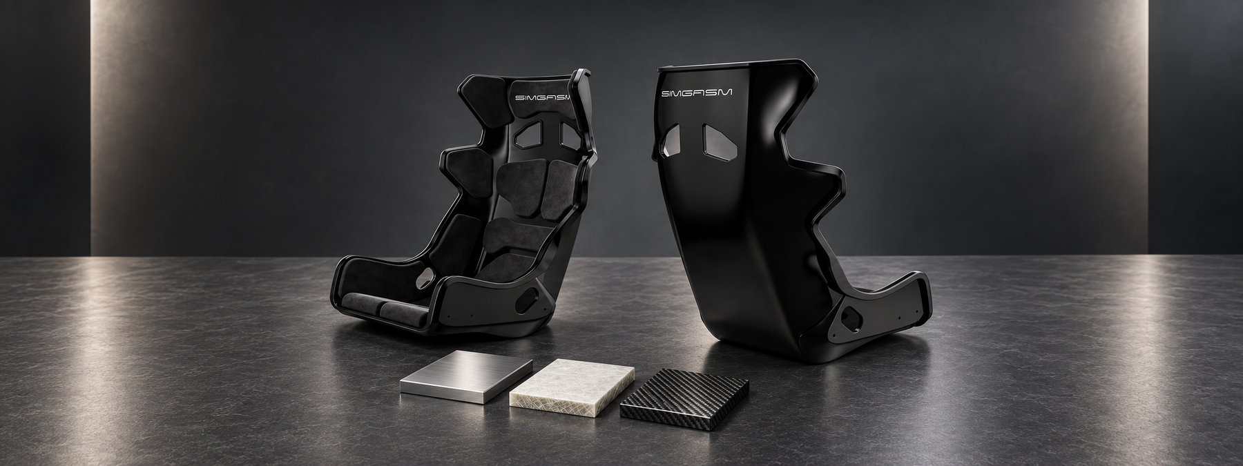 Front and rear views of a black SIMGASM Atlas GT seat with separate illustrative steel, fibreglass and carbon-fibre material samples