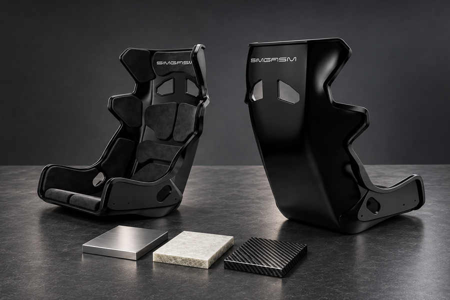 Front and rear views of a black SIMGASM Atlas GT seat with separate illustrative steel, fibreglass and carbon-fibre material samples